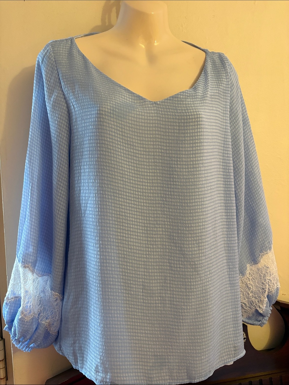 Massimo Dutti Pale Blue V-Neck Tunic with Lace Sleeve Detail